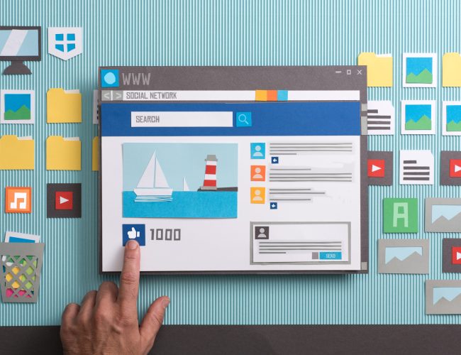Social media post with comments in a browser window, a user is pressing the like button: social networks and community concept, collage and paper cut composition